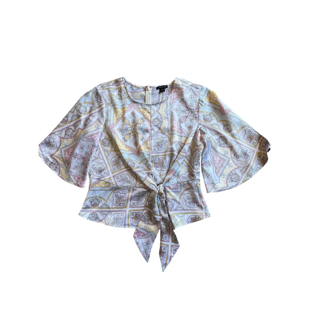 Ann Taylor Pastel Medallion Tile Print Tie Front Flutter Sleeve Blouse XS